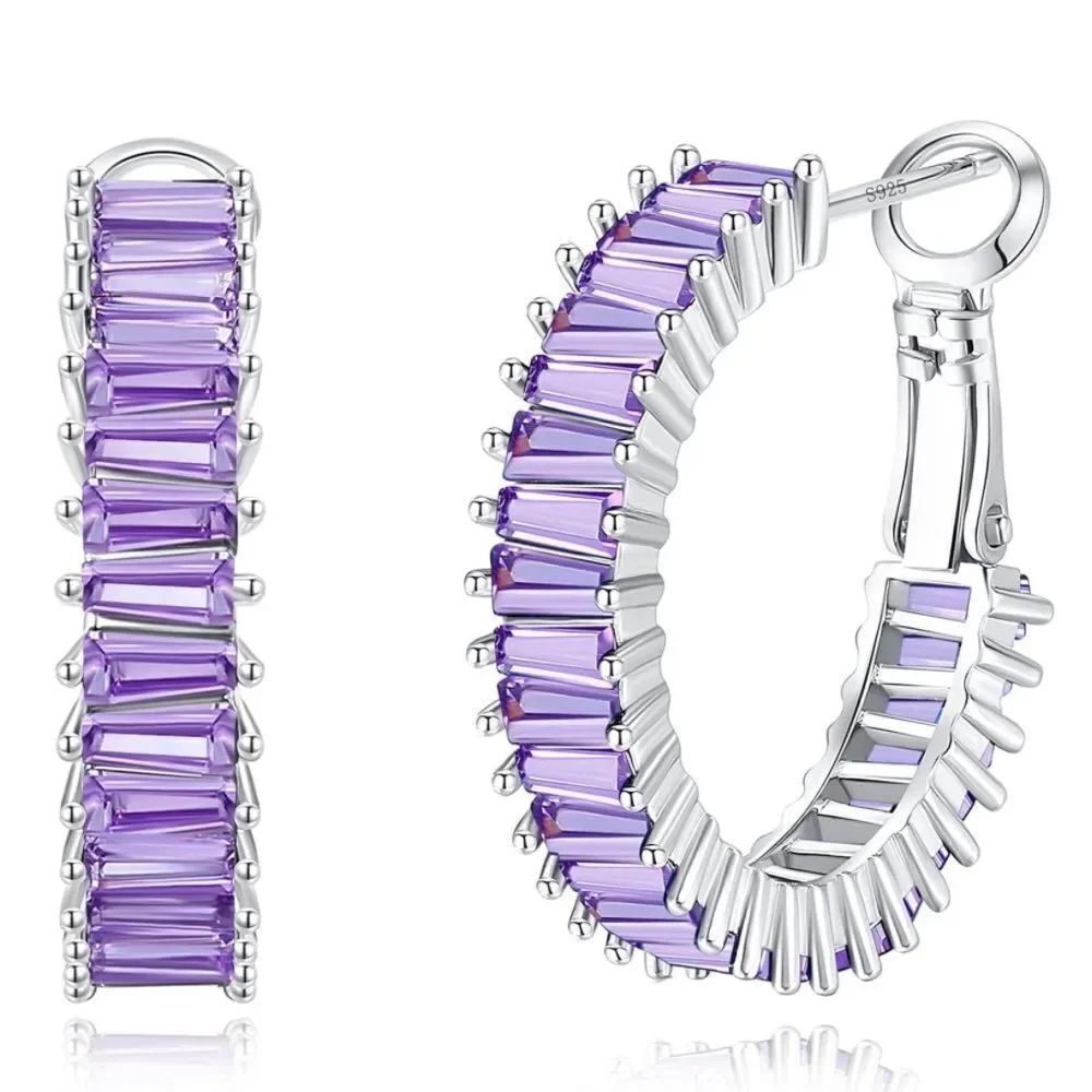 14K White Gold with Purple Amethyst Cubic Zirconia Drop Hoop Leverback Earrings